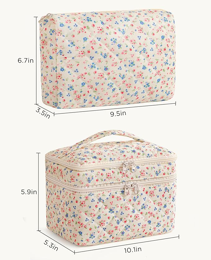 HBselect 2Pcs Travel Makeup Bag, Large Cotton Quilted Makeup Bag Cosmetic Bag Cute Make up Bag Toiletry Bags for Women Girls