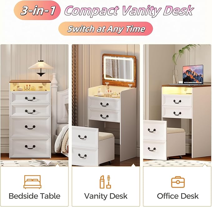 Makeup Vanity, 3-in-1 Vanity with Flip-Top Mirror, Visible Glass Desktop & 3-Color Lighting, 20'' Intelligent Makeup Desk with USB Charging Station & Hidden Storage Stool for Bedroom, White