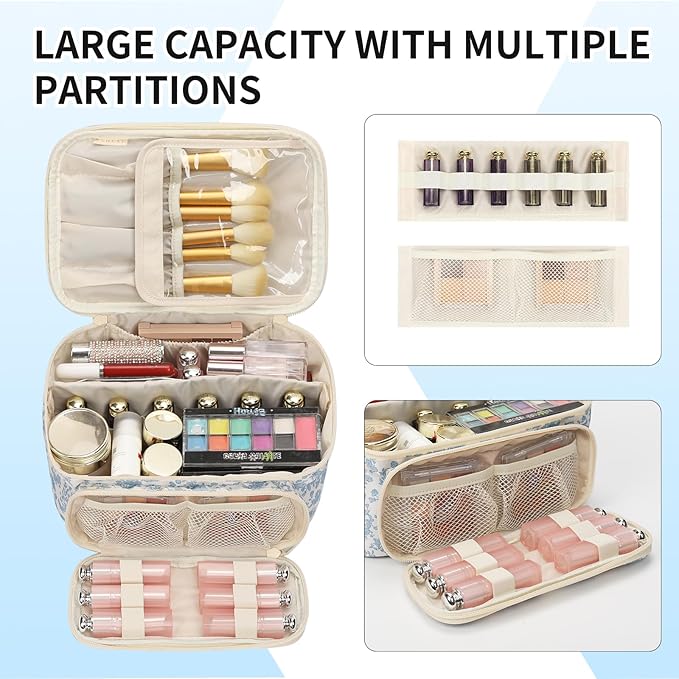 OCHEAL Makeup Bag, Multifunctional Make Up Bags Large Compact Makeup Bag Organizer Cosmetics Toiletry Brushes Storage Case for Women Girls Makeup Case with Handle Divider-Floar