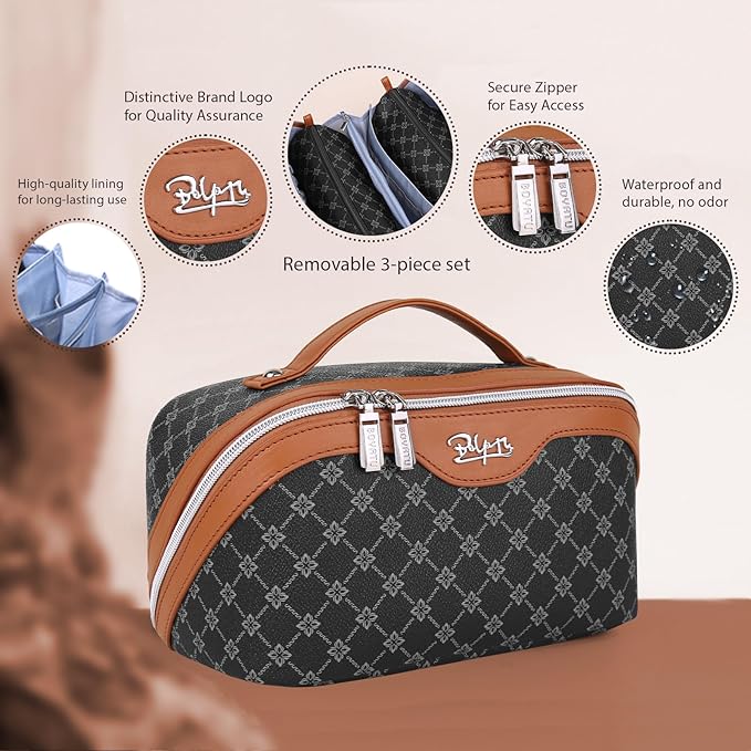 BOYATU Travel Makeup Bag Cosmetic Bags for Women: 3 Pcs Set Large Portable Make up Bag with Handle - Vegan Leather Toiletry Bags with Compartments - Makeup Organizer for Travel Essentials(01-Black)