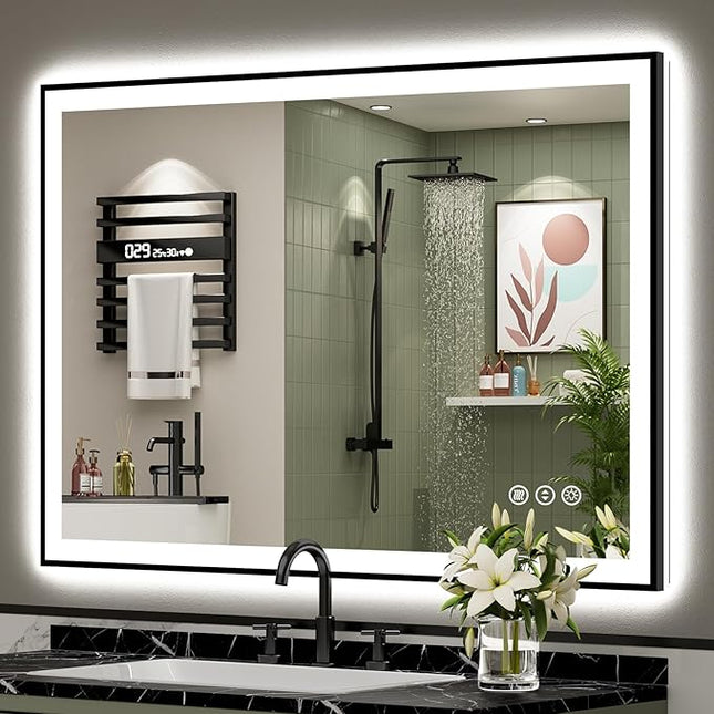 48x36 Inch Black Framed LED Bathroom Mirror with Lights, Backlit + Front Lit, Anti-Fog Lighted Vanity Mirrors for Bathroom Wall, Dimmable, 3-Color Light, Memory, Shatter-Proof, Tempered Glass
