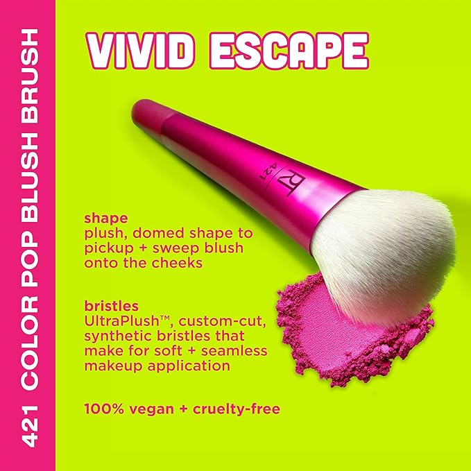 Real Techniques Vivid Escape Color Pop Blush Brush, Multipurpose Makeup Brush For Easy Blending, Use With Liquid & Cream Blush, Synthetic, Soft Bristles, Cruelty-Free & Vegan, 1 Count