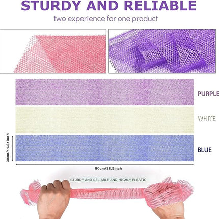 UJFQBH 3 Pieces African Bath Sponge African Net Long Net Bath Sponge Exfoliating Shower Body Scrubber Back Scrubber Skin Smoother,Great for Daily Use (Purple,Blue,Off-White)
