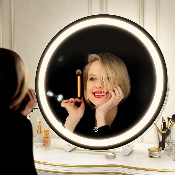Vanity Mirror with Lights, 18 Inch Lighted Makeup Vanity, Smart Touch Control, 3-Color Dimmable Round Design, 360° Rotating Tabletop Mirror (White)