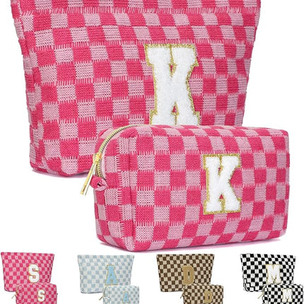 2PCS Checkered Makeup Bag for Women Personalized Initial Letter Makeup Bag Travel Toiletry Bag Organizer Cute Makeup Brushes Storage Bag Mother's Day Birthday Gift for Women (Letter K)