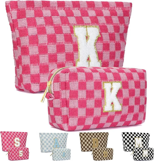 2PCS Checkered Makeup Bag for Women Personalized Initial Letter Makeup Bag Travel Toiletry Bag Organizer Cute Makeup Brushes Storage Bag Mother's Day Birthday Gift for Women (Letter K)
