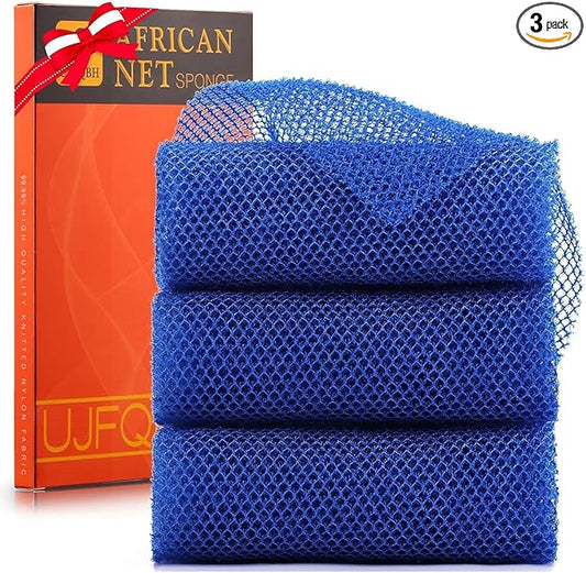 UJFQBH 3 Pieces African Bath Sponge African Net Long Net Bath Sponge Exfoliating Shower Body Scrubber Back Scrubber Skin Smoother,Great for Daily Use (Blue)