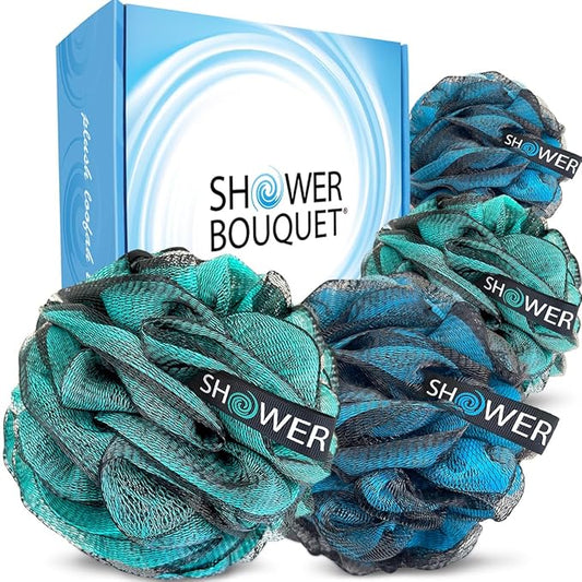 SHOWER BOUQUET Loofah-Charcoal Bath-Sponge XL-4-Pack-Blue-Green // Extra Large 75g Soft Mesh Color & Black Lufa Loofa Loufa Puff Set/Exfoliating Body Scrubber for Women and Men - Exfoliate & Soothe