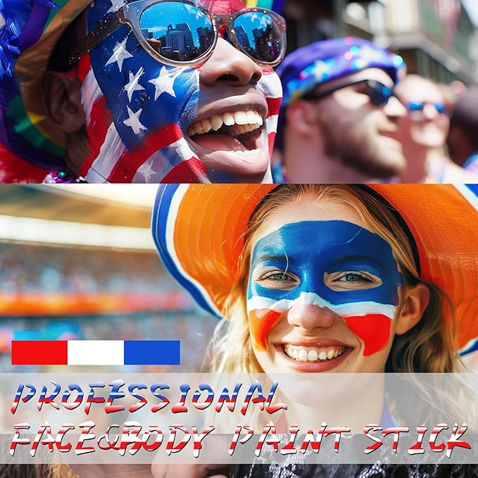 Red & Blue & White Face Body Paint Stick, White Foundation Makeup, Usa Themed Accessories Flag Color, Professional Halloween Face Makeup Kit for Clown Vampire Joker Costume