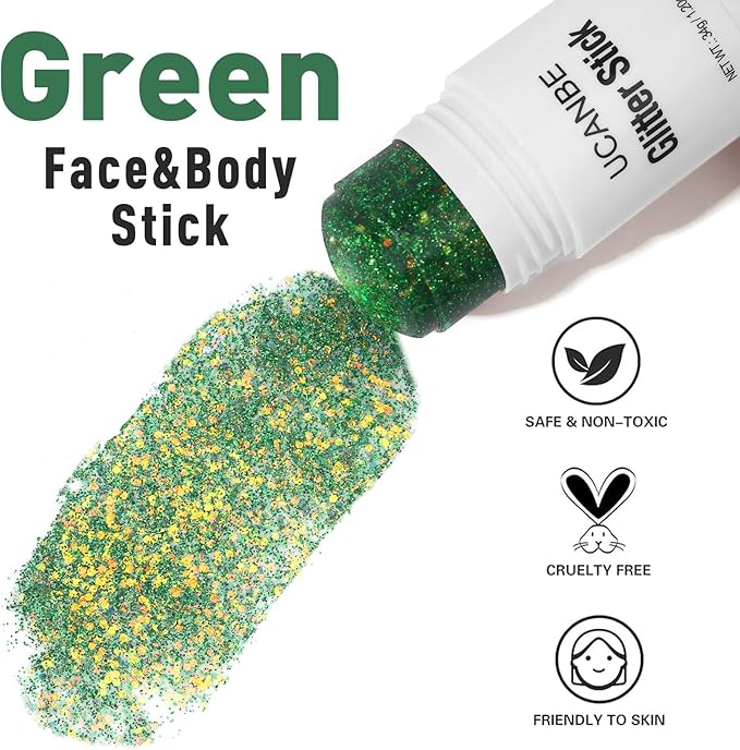 UCANBE Green Body Glitter Stick for Singer Concerts Music Festivals, Face Glitter Makeup for Face Body Hair Eyes & Lips, Chunky Glitter Sparkling Mermaid Sequins for Women 1.2OZ