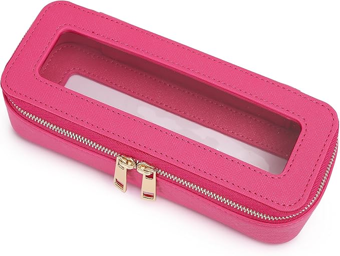Pinkmik Makeup Brush Case Clear Travel Cosmetic & Toiletry Bag Small Makeup Bag with Zipper Purse Organizer Car Essential Bag for Women (X/Fuxia, SLIM)
