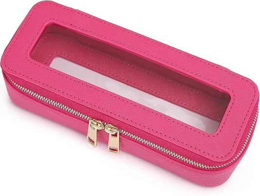 Pinkmik Makeup Brush Case Clear Travel Cosmetic & Toiletry Bag Small Makeup Bag with Zipper Purse Organizer Car Essential Bag for Women (X/Fuxia, SLIM)