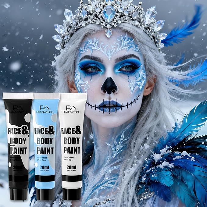 Black White Light Blue Face Paint - Water-Based Non-Toxic Face Body Paint Kit for Skeleton Ghost , Full Coverage Washable Formula for Halloween Cosplay ,Costume Parties, Stage Performances