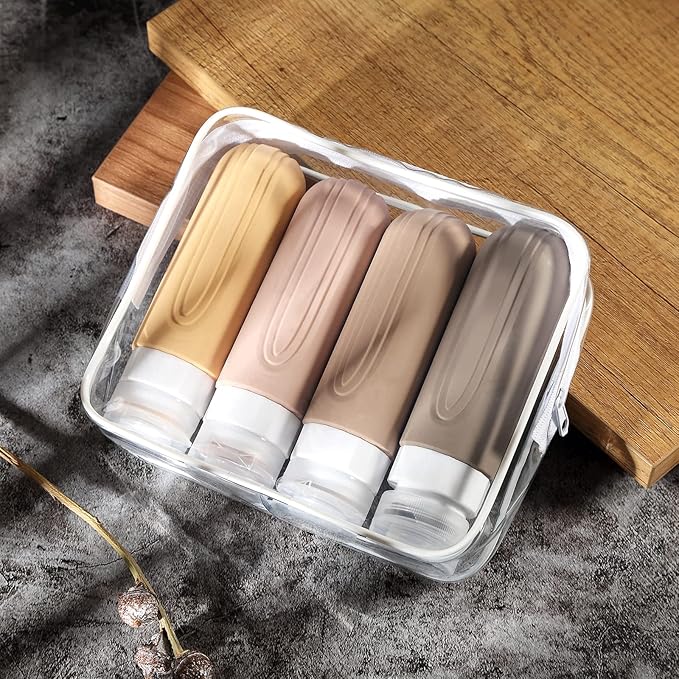 Travel Bottles for Toiletries, Tsa Approved 3oz Travel Size Containers BPA Free Leak Proof Refillable Liquid Silicone Squeezable Travel Accessories for Shampoo Conditioner Lotion (4 Pack)