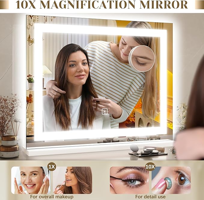 Lighted Vanity Mirror with Lights, LED Makeup Mirror with 3 Color Modes, Touch Dimming, Wall Mountable & Tabletop, Dressing Room Mirror with 10X Magnification, 22x19 Inch, White