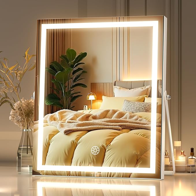 MINISO Vanity Mirror with Lights, 9.8" x 12" LED Makeup Mirror, Light & Brightness Adjustment, Smart Sensor, 360°Rotation, Aluminum Alloy Metal White Frame, with 5X Magnifying Glass