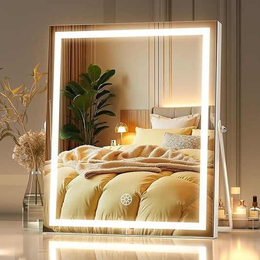 MINISO Vanity Mirror with Lights, 9.8" x 12" LED Makeup Mirror, Light & Brightness Adjustment, Smart Sensor, 360°Rotation, Aluminum Alloy Metal White Frame, with 5X Magnifying Glass