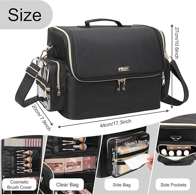 Makeup Brush Case Stand-up Cosmetic Bag Extra Large Makeup Artist Bag Travel Cosmetic Brush Holder Artist Storage Bag Organizer Box with Adjustable Dividers (07-Black（XXX Large）)