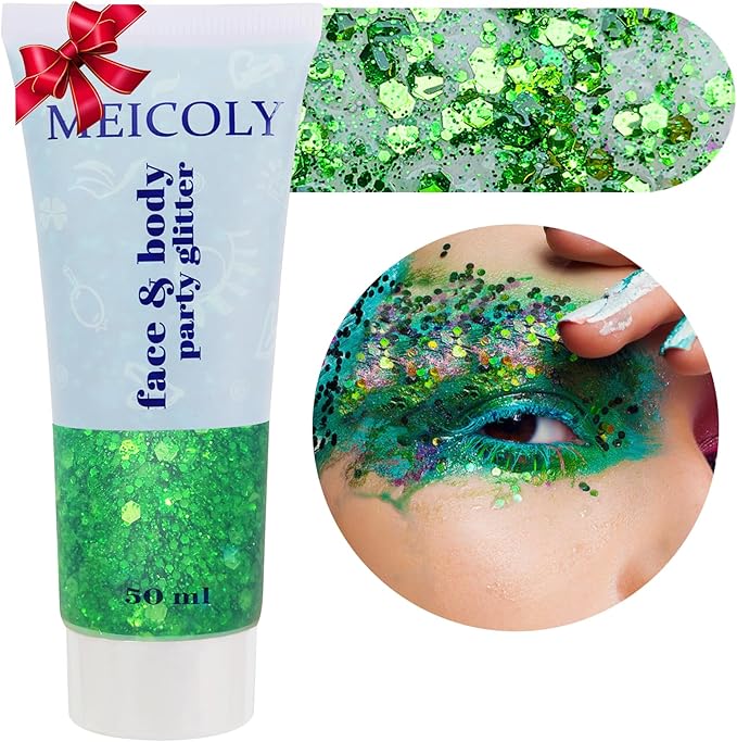 MEICOLY Green Face Body Glitter,St Patricks Day Accessories,Green Face Paint Glitter Gel Chunky Makeup,Sparkling Festival Rave Outfits for Women,Saint Patrick's Day Hair Alien Glitter