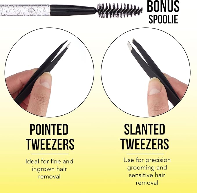3pc Black Tweezer Set & Glitter Spoolie - Hair Removal Tweezers,Angled and Pointed Tweezer Set, Precision Tweezers & Eyelash Spoolie Set