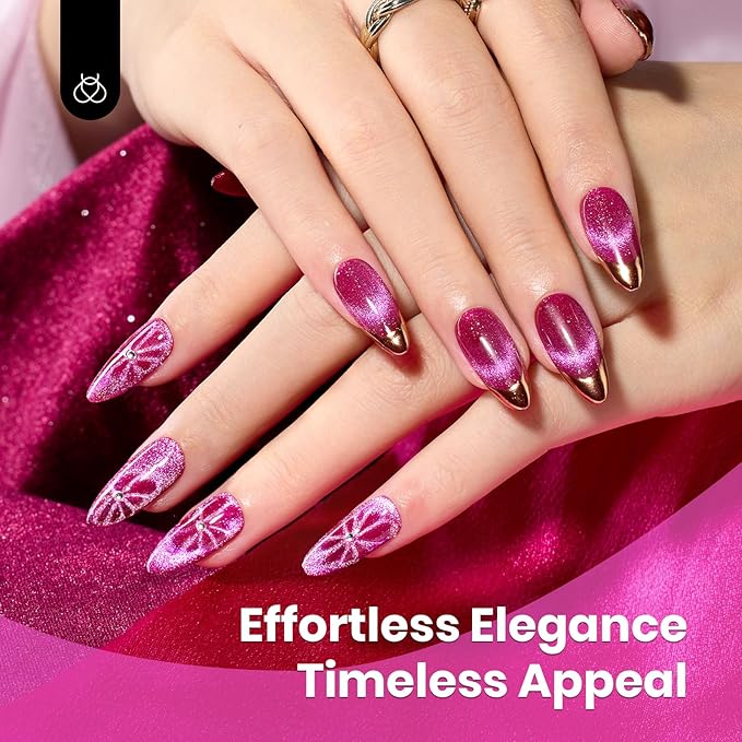 Beetles Hot Pink Gel Nail Polish - 15ML Summer Hot Pink Cat Eye Glitter Gel Polish with Magnet Soak Off UV Shimmer Velvet Gel Berry Stardust Series French Nail Art Manicure Gifts for Women