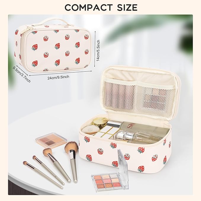 Relavel Makeup Bag, Small Makeup Bag for Women, Travel Cosmetic Bag, 2 Layers Waterproof Makeup Organizer Storage with Makeup Brush Holder, White Straberry