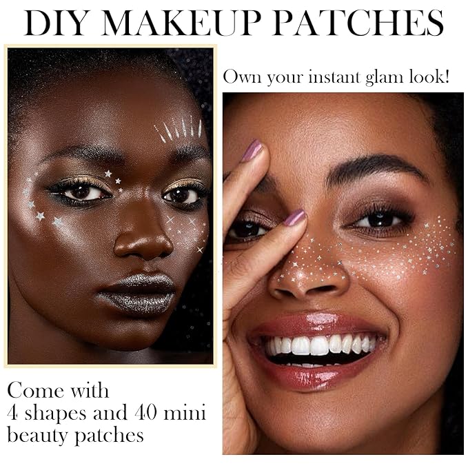 20 Pcs Silver Face Makeup Patches, Silver Glitter Freckles Face Tattoo, Easy Application Sparkle Makeup Freckles, Waterproof Glitter Freckles Patches for Women