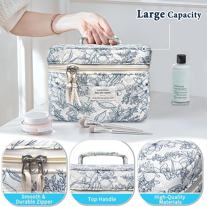 VIWIME Makeup Cosmetic Bag, Large Cotton Quilted Travel Coquette Aesthetic Cute Floral Make up Bag for Women Toiletry Bag Organizer (209 - Lao Lan/4Pcs)