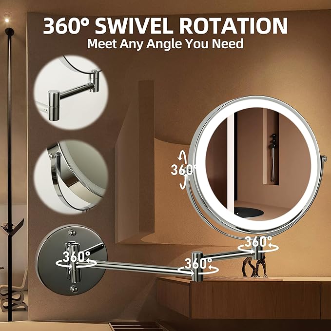 8" Wall Mounted Lighted Makeup Mirror with Magnification, 1X/10X Magnifying Mirror with Light, 3 Color Lights, Extendable Double Sided 360° Swivel Bathroom Mirror Type-C Rechargeable (Silver)