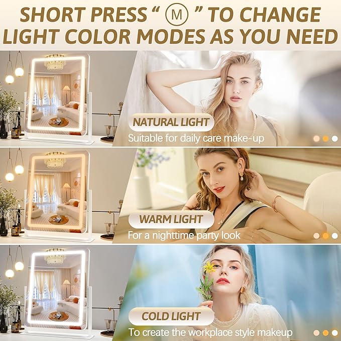 22x18 Inch Vanity Mirror with Lights, 3 Color Dimmable LED Lighting, Smart Touch Control & 360° Rotation, Large Makeup Mirror for Bedroom, Dressing Room (White)