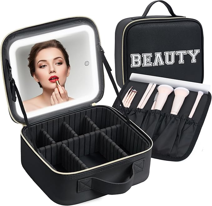 Makeup Bag with LED Mirror – Travel Cosmetic Organizer with Lighted Mirror, Adjustable Dividers & Brush Holder Storage – Portable PU Leather Makeup Case for Women & Girls - Black