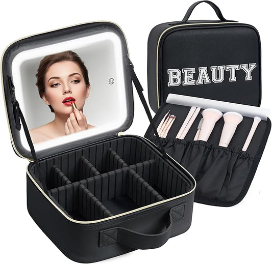 Makeup Bag with LED Mirror – Travel Cosmetic Organizer with Lighted Mirror, Adjustable Dividers & Brush Holder Storage – Portable PU Leather Makeup Case for Women & Girls - Black