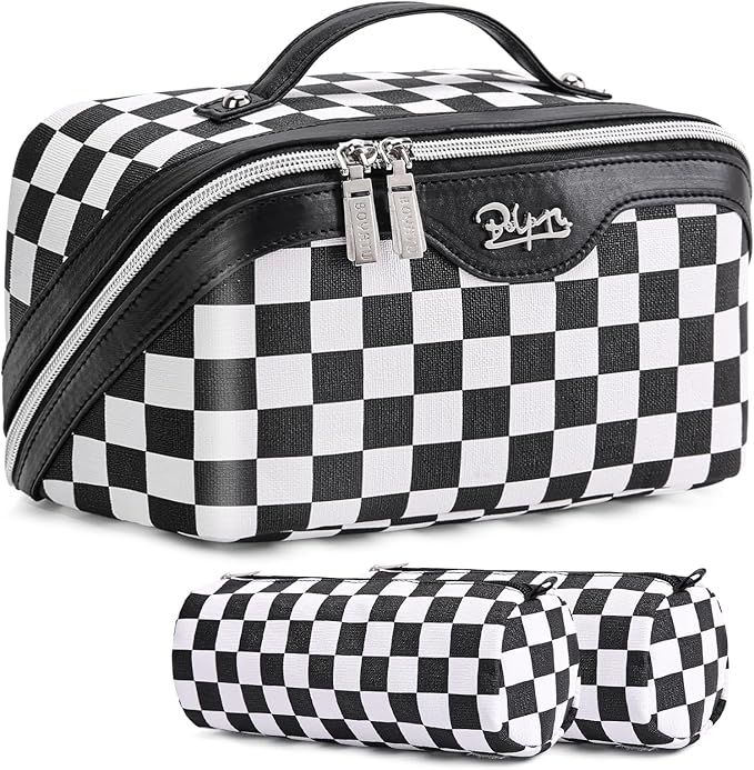 BOYATU Travel Makeup Bag Cosmetic Bags for Women: Large Make up Bags Set of 3 - Portable Makeup Organizer with Compartments&Handle&Divider - Waterproof PU Leather Toiletry Bag(Checkered Mix Black)