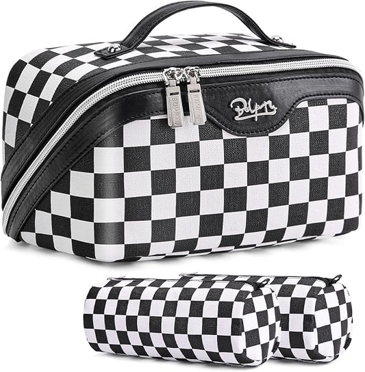 BOYATU Travel Makeup Bag Cosmetic Bags for Women: Large Make up Bags Set of 3 - Portable Makeup Organizer with Compartments&Handle&Divider - Waterproof PU Leather Toiletry Bag(Checkered Mix Black)