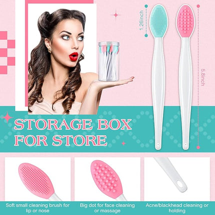 Patelai 24 Pcs Lip Scrub Brush Silicone Lip Scrubber Exfoliator with Container Double Sided Soft Cleansing Brush Tool for Men Women Lightening Dark Lips(Pink, Green)