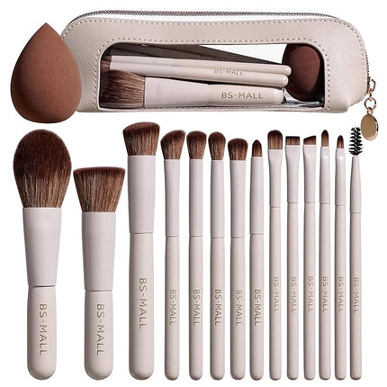 BS-MALL 14 Pcs Makeup Brushes Set with 1 Pcs Makeup Sponge – Essential Foundation Powder Concealers, Eye Shadows, Blush Makeup Brushes with Travel Makeup Case (Beige)