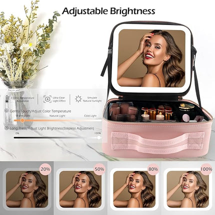 MOMIRA Makeup Train Case with Light & Mirror Large Cosmetic Organizer with Adjustable Dividers for Cosmetics,10X Magnifying Makeup Mirror,Pink