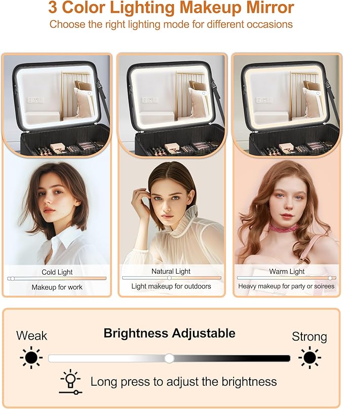 Relavel Extra Large Makeup Bag with LED Mirror, Cosmetic Train Case for Makeup Artists with 4 Removable Pouches and Adjustable Dividers, Hair Supplies Organizer, Travel Portable Mirror with Lights