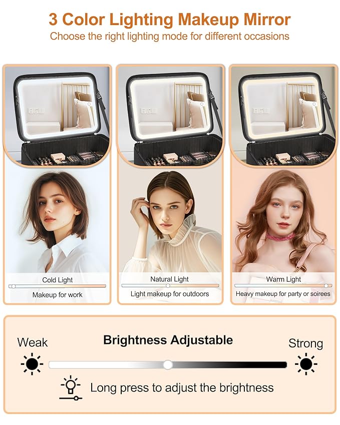 Relavel Extra Large Makeup Case with LED Mirror, Train Cosmetic Case with 4 Small Make Up Bag for Trip, Professional Makeup Organizer Storage with Detachable Dividers for Makeup Artists, Hairstylist