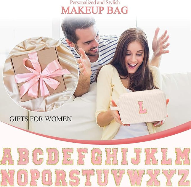 Personalized Initial Makeup Bag Trendy Stuff Corduroy Cosmetic Bag Travel Toiletry Bag, Valentine’s Day Gift Makeup Organizer Case & Makeup Pouch for Women Teen Girls Mom Girlfriend Wife