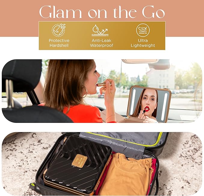 Lighted Makeup Case with Mirror - Portable Travel Makeup Organizer with light up Mirror, 3 Light Settings, Rechargeable Makeup Bag with Mirror and Lights - Mini 10x magnifying Mirror included
