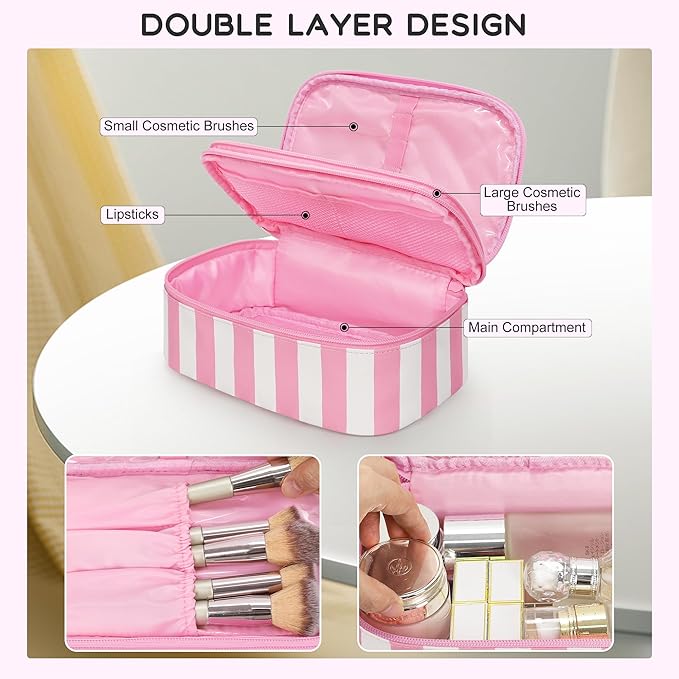 Relavel Travel Makeup Bag, Small Floral Cosmetic Bag with Makeup Brush Compartment, Portable Makeup Pouch for Women, Double Layer Makeup Organizer Bag Cute Toiletry Bag, Wide Strip