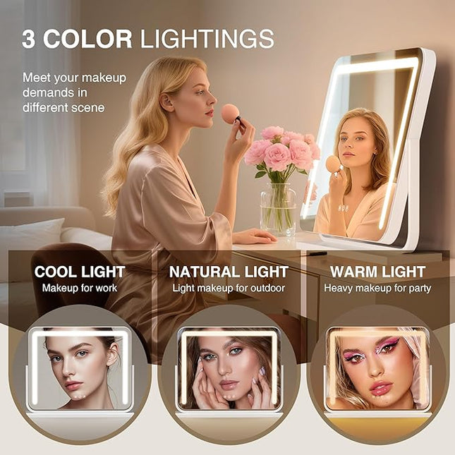 Vanity Mirror with Lights 21"×15.7" LED Makeup Mirror,Dimmable Smart Touch Control Mirror with Lights for Bedroom Tabletop, 360° Rotation,Vanity Mirror Square White,Ideal Gifts for Her