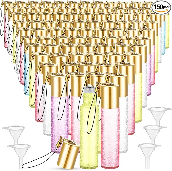 Sumind 150 Pcs Essential Oil Roller Bottles 10 ml Glass Roller Bottles with Stainless Steel Roller Balls Empty Bottles Leak Proof Roll on Bottles with 5 Funnel for Travel Essential Oil (Multicolor)