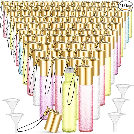 Sumind 150 Pcs Essential Oil Roller Bottles 10 ml Glass Roller Bottles with Stainless Steel Roller Balls Empty Bottles Leak Proof Roll on Bottles with 5 Funnel for Travel Essential Oil (Multicolor)