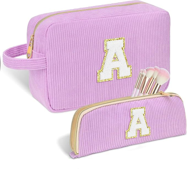 Personalized Initial Makeup Bag Trendy Stuff Corduroy Cosmetic Bag Travel Toiletry Bag, Valentine’s Day Gift Makeup Organizer Case & Makeup Pouch for Women teen Girls Mom Girlfriend Wife