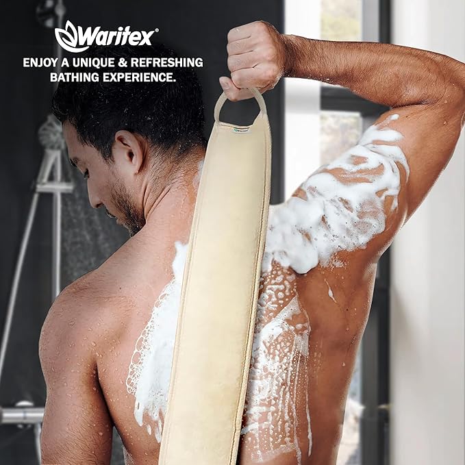 Natural Egyptian Loofah Back Scrubber for Shower, Extra-Long Exfoliating Strap Made with Natural Egyptian Loofah Fibers, Deep Cleaning Body Sponge for Men and Women – Soft Cotton Handles