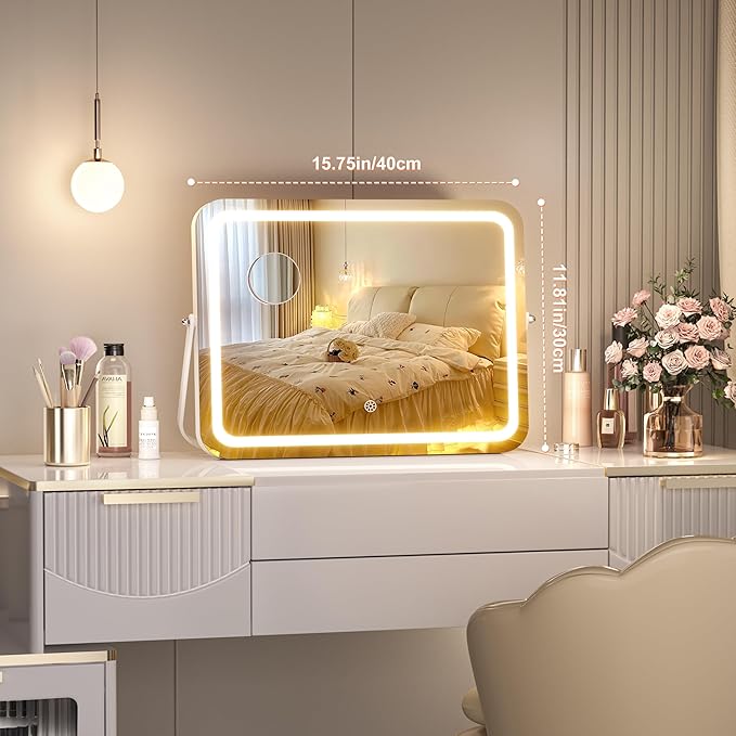 Hasipu Vanity Mirror with Lights, 16" x 12" LED Makeup Mirror, 3 Modes Light, Smart Touch Control Dimmable, 360°Rotation, Rectangle White Frame, with 5X Magnifying Glass