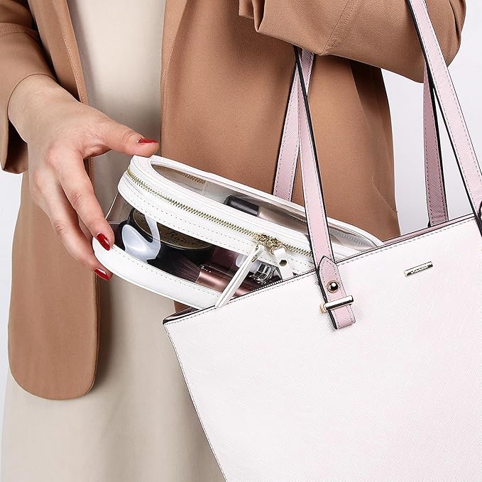 Pinkmik Makeup Brush Case Clear Travel Cosmetic & Toiletry Bag Slim Makeup Bag with Zipper Small Purse Organizer Car Essential Bag for Women (White, SLIM-2)