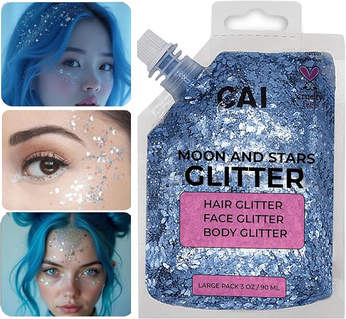 Face, Body & Hair Glitter Gel – Halloween Glitter for Kids and Women – 3 Oz Cosmetic-Grade Gel w/Moon & Stars for Festivals & Halloween Party, Easy Apply & Wash Off - Blue 2Pack